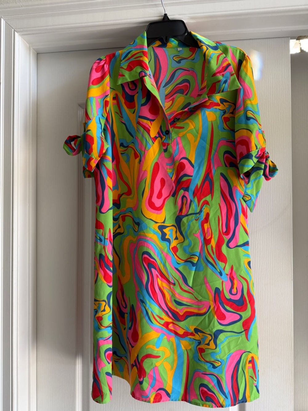 Vibrant Swirl Print Short Sleeve Dress - Neon Multicolor